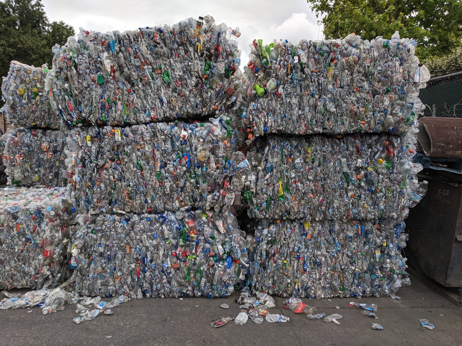 Bales of used PET plastic bottles.