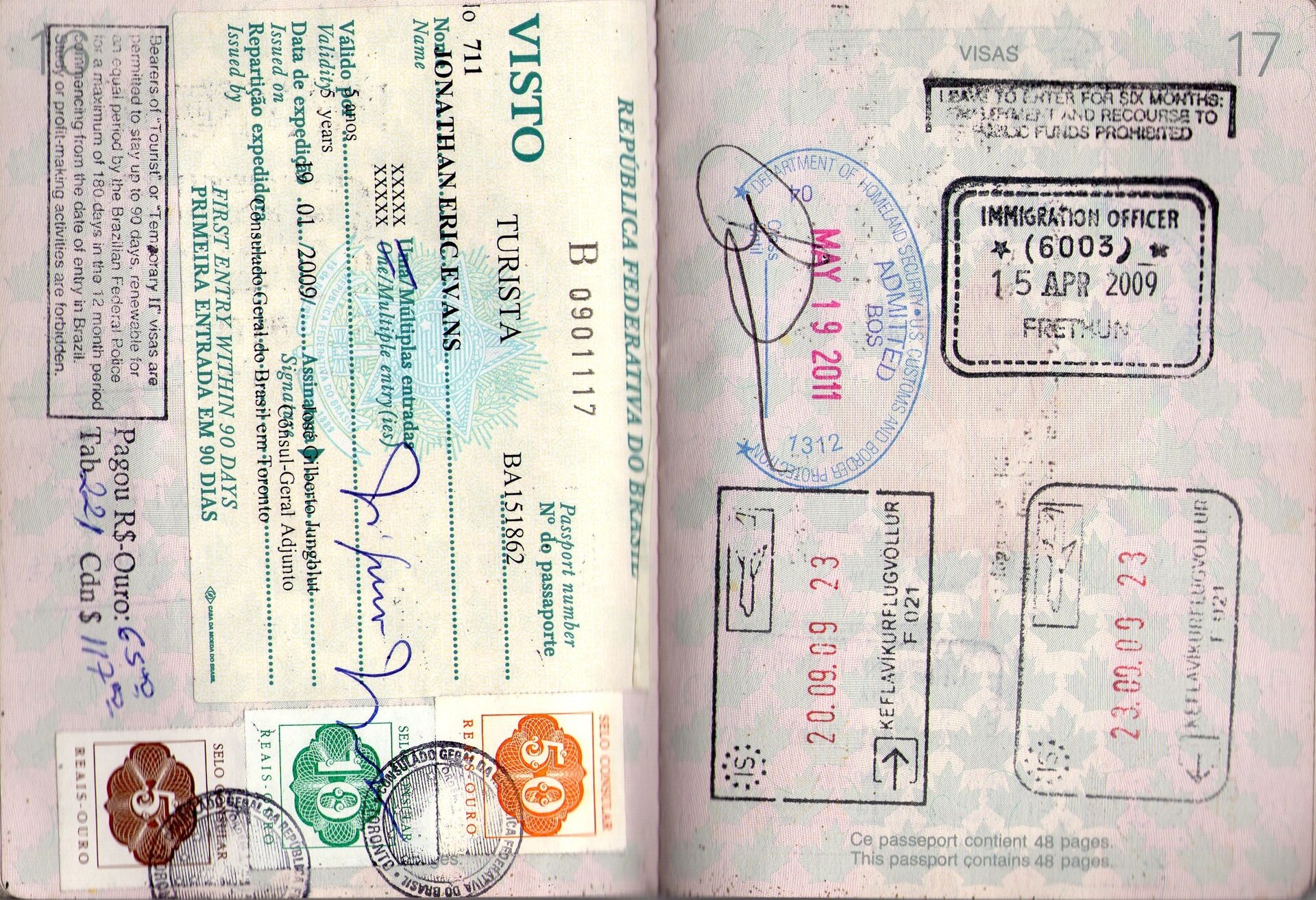 Passport pages with entry stamps, as Brazil, Costa Rica and Guatemala revise entry rules
