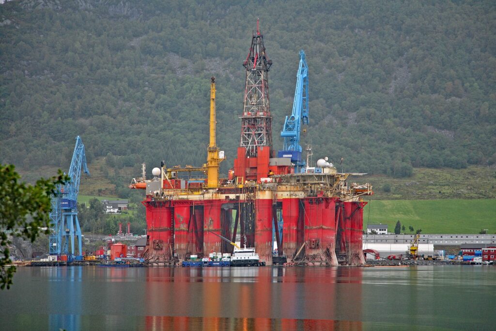 An offshore oil platform at sea, representing deepwater exploration