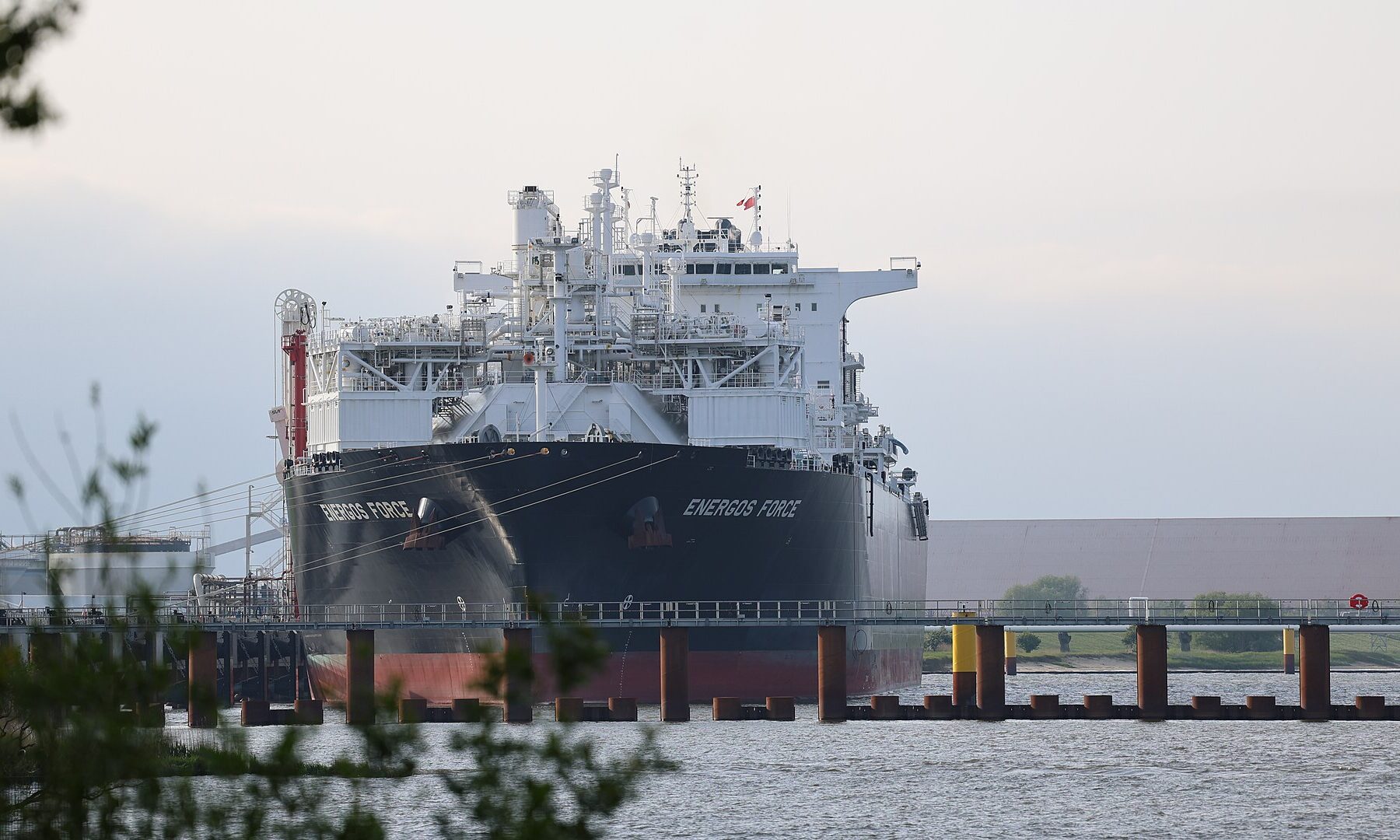 The floating storage and regasification unit Energos Force at Stade, part of Germany's effort to replace pipeline gas