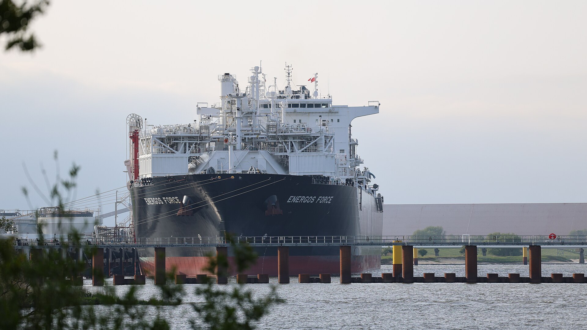 The floating storage and regasification unit Energos Force at Stade, part of Germany's effort to replace pipeline gas