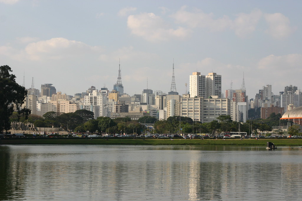 Ibirapuera park lake with the Sao Paulo skyline behind