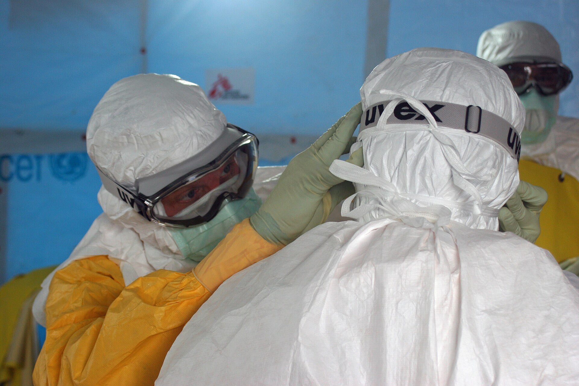 Health workers in protective equipment at an Ebola treatment unit