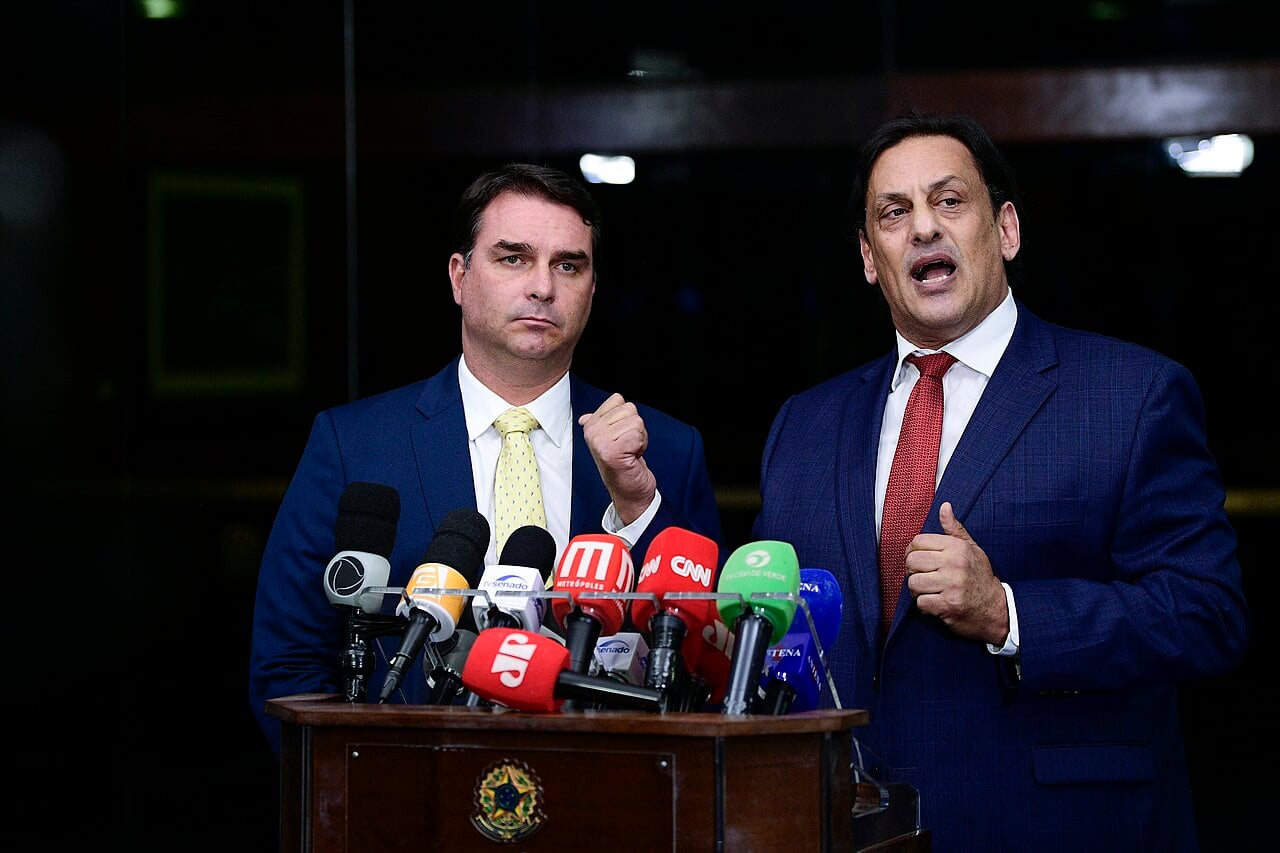 Senator Flávio Bolsonaro at a press conference in Brazil's Senate
