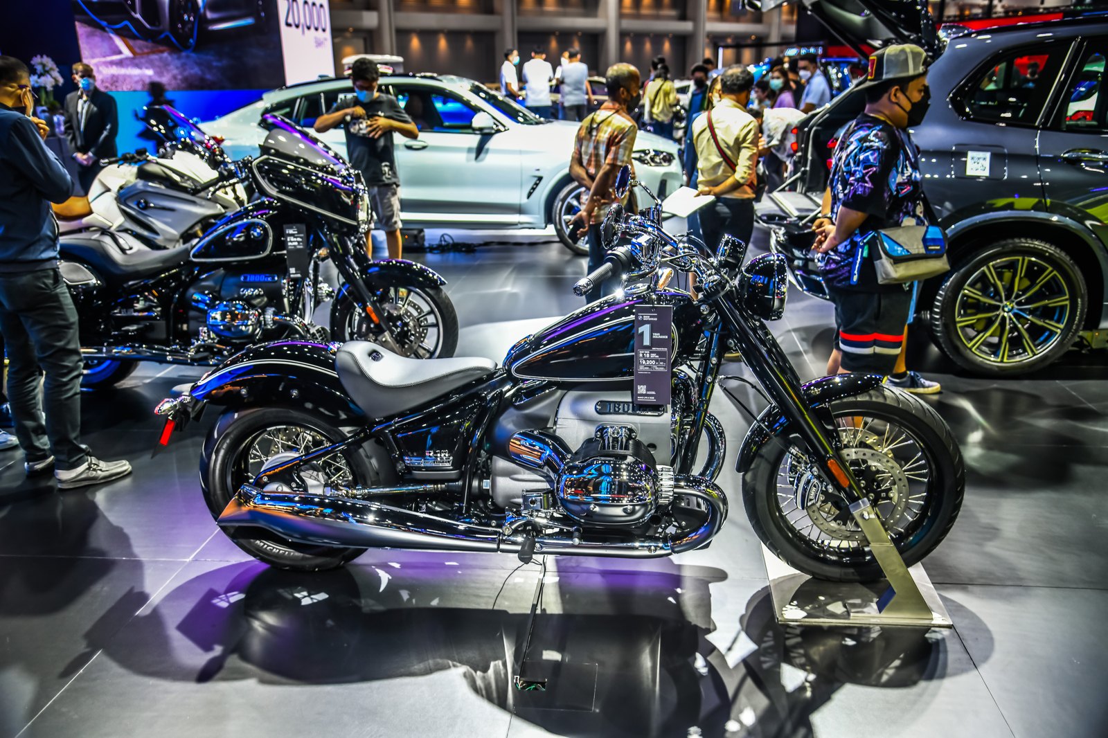 Motorcycles on display at a motor show.
