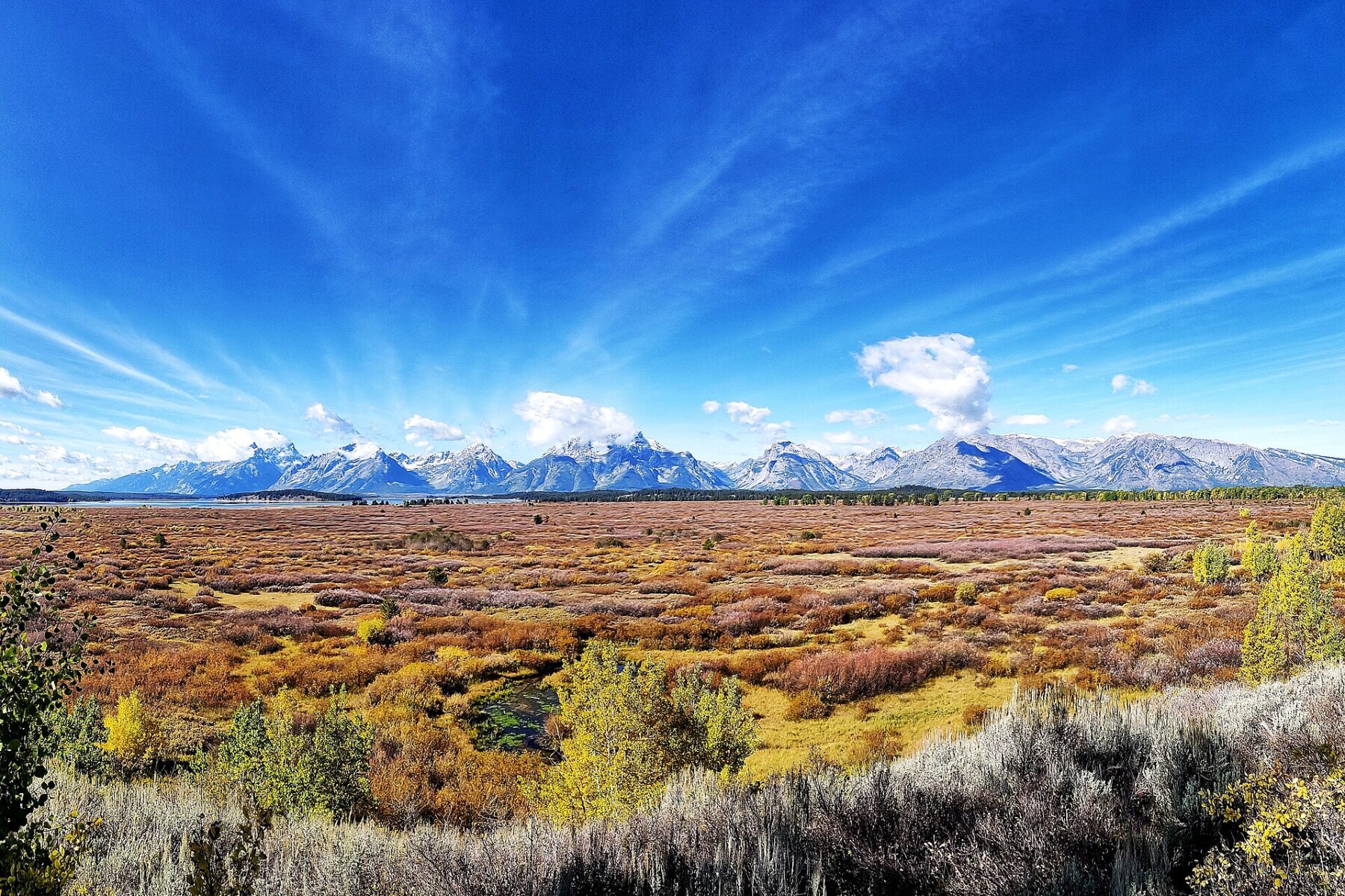 The Grand Teton range seen from Jackson Lake Lodge in Jackson Hole, Wyoming