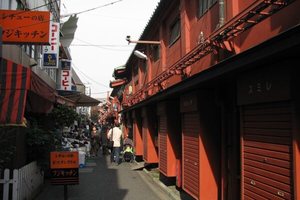 A narrow shopping street in Tokyo with shop signs and pedestrians