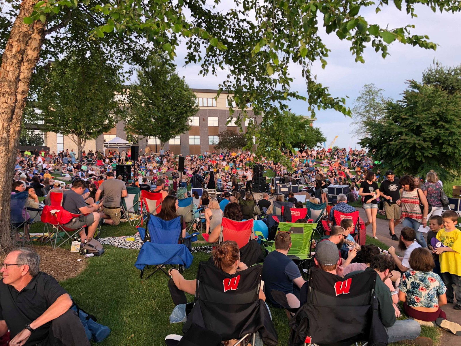 A crowd gathers at an outdoor live-music show.