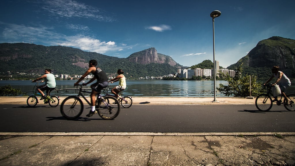 Cyclists on the lakeside path at Lagoa Rodrigo de Freitas in Rio de Janeiro