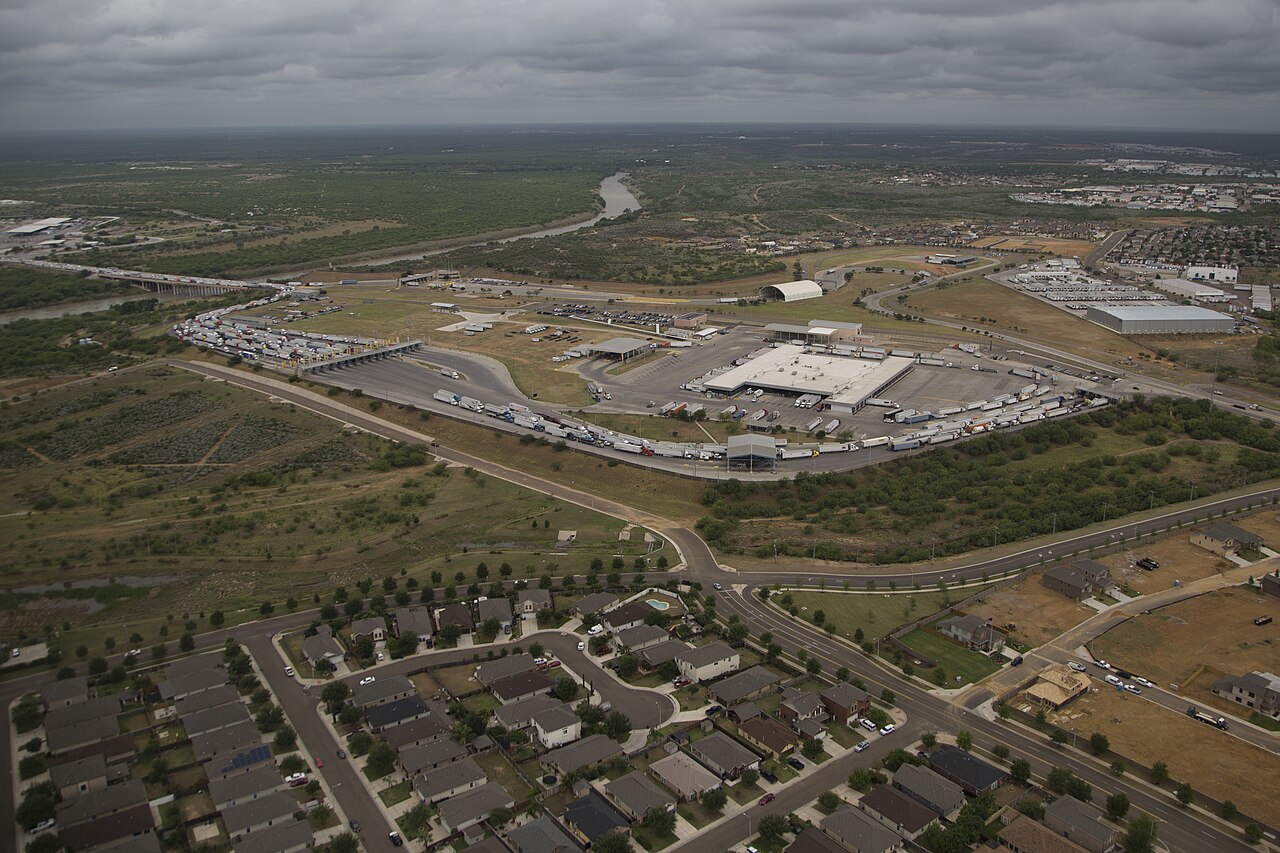 Loaded freight trucks waiting to cross the US-Mexico border at Laredo
