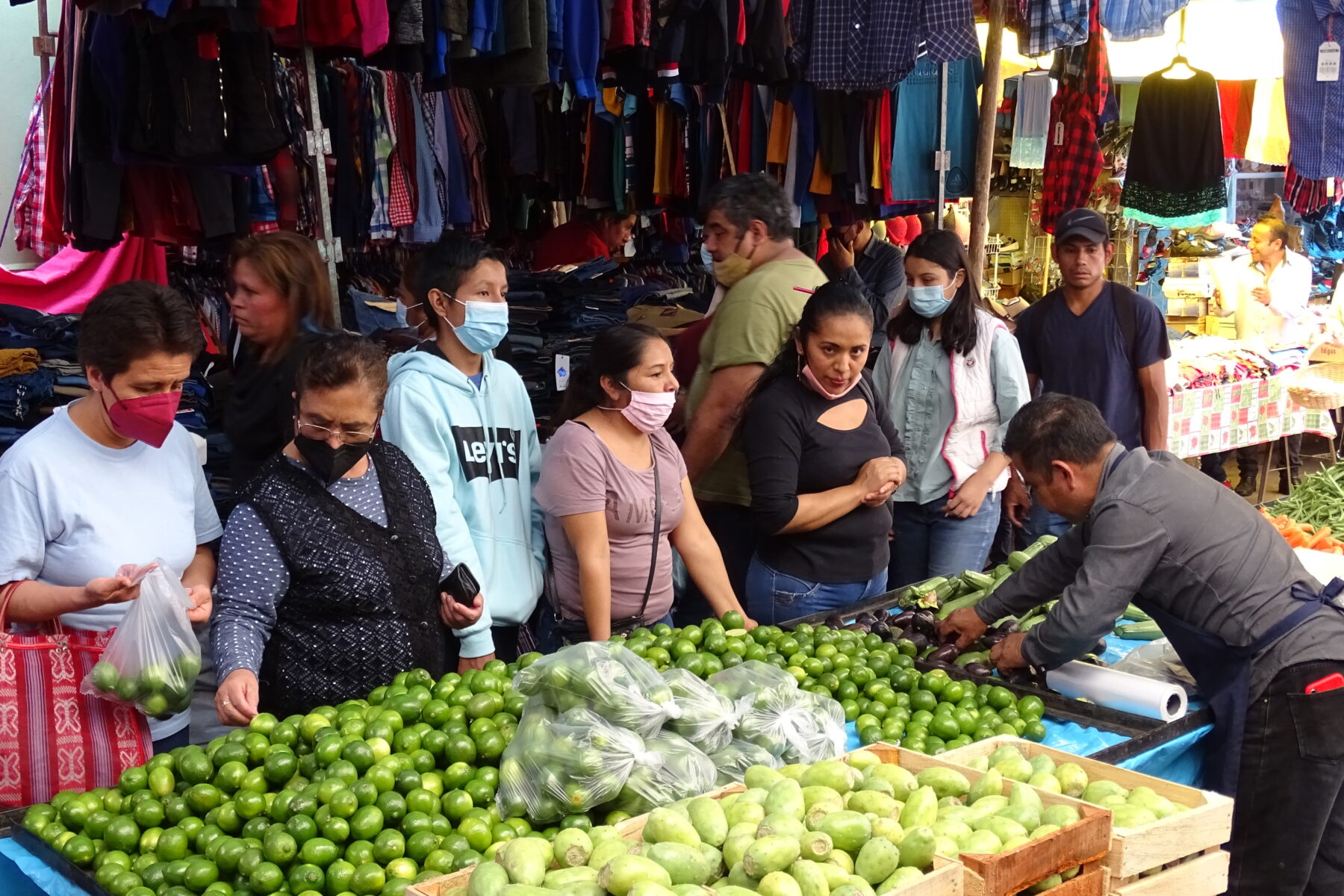 People shopping at an outdoor market with produce and clothes