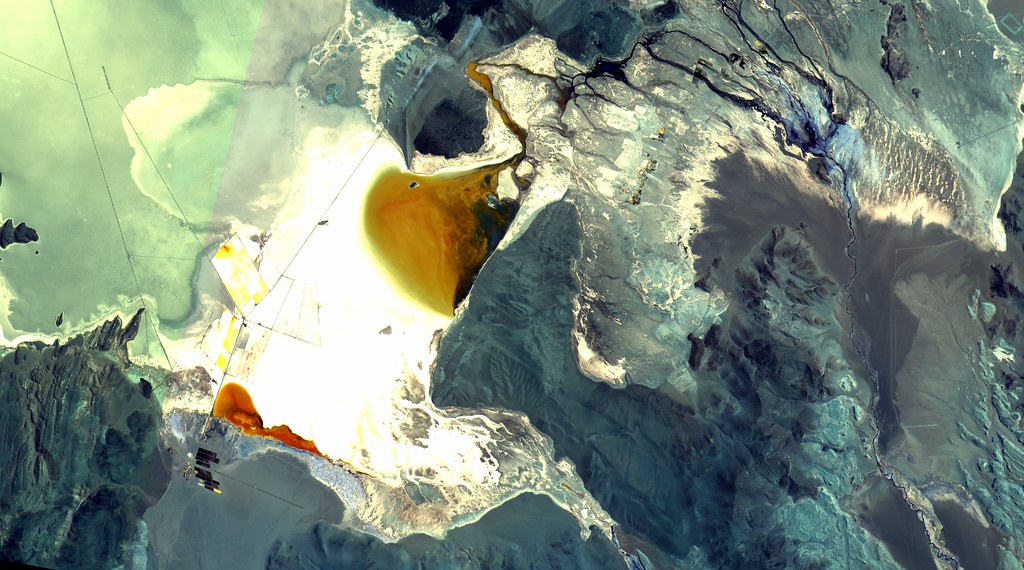 Satellite view of lithium evaporation ponds at Salar del Hombre Muerto, Argentina.