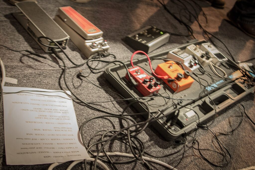 Electric guitar on a stage ahead of Marty Friedman's two Chile concerts