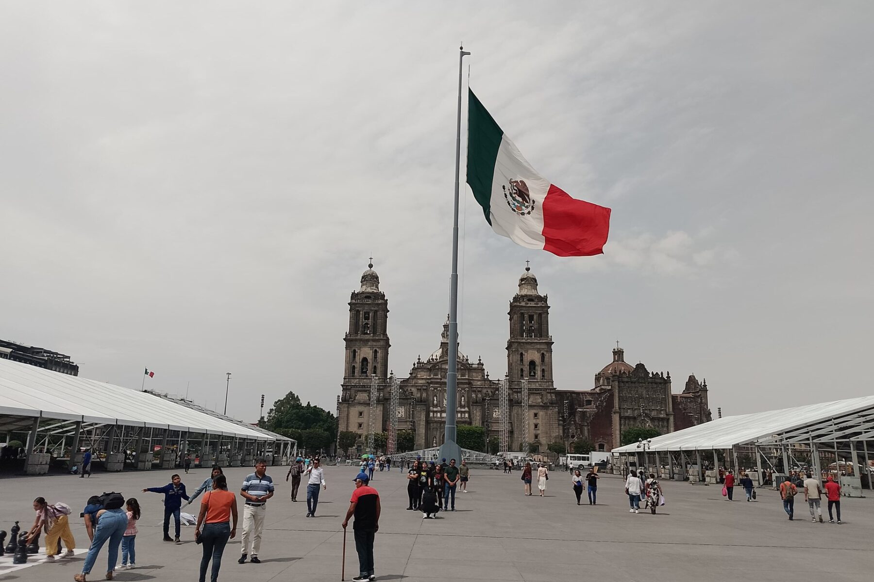 Mexico City Zocalo with flag and cathedral