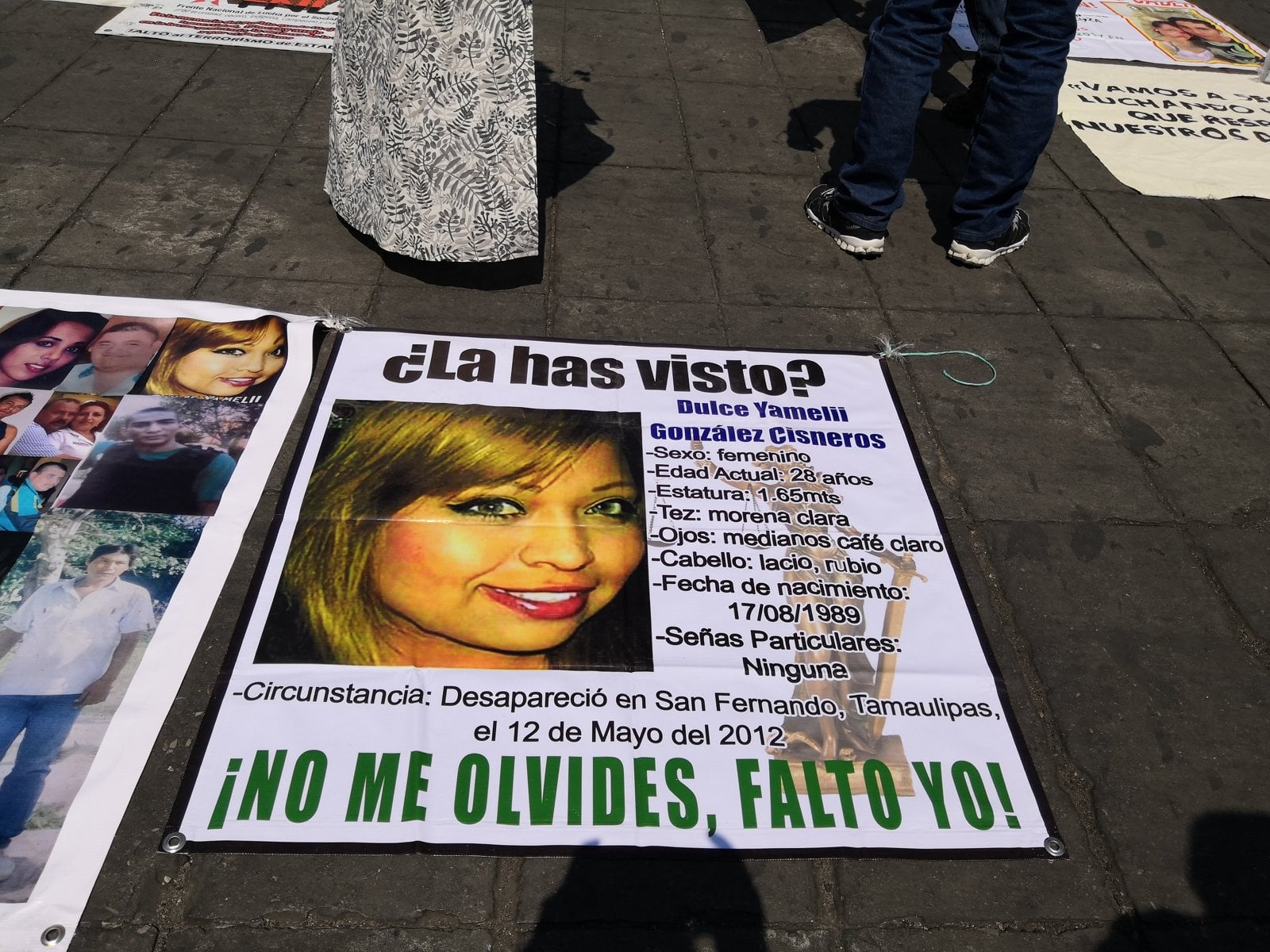 Mexico disappearances — a banner with the photo of a missing woman at a mothers’ march