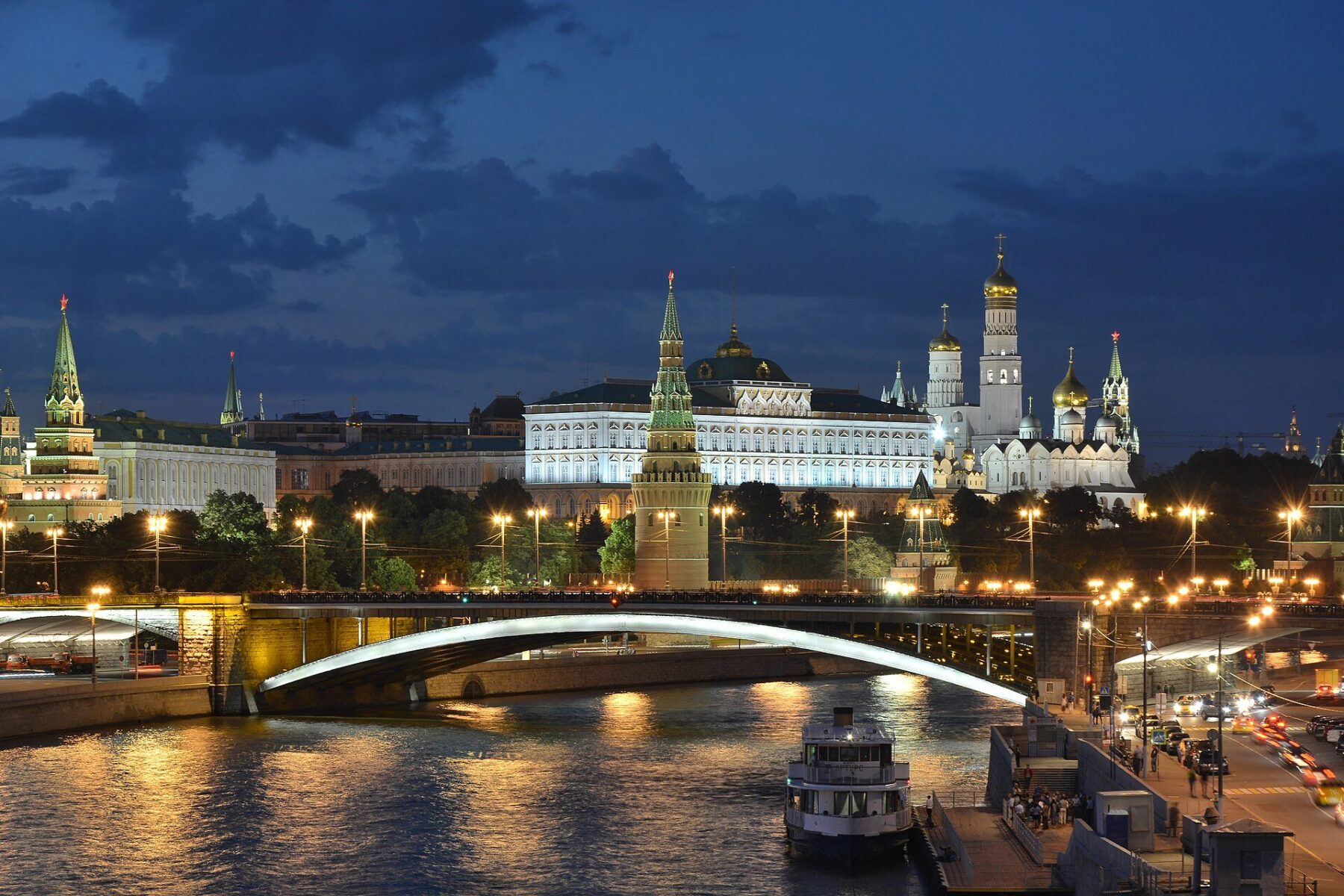 The Kremlin and the Moskva river embankment at night in Moscow