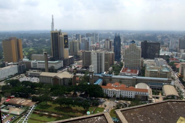 Aerial view of central Nairobi with office towers and government buildings