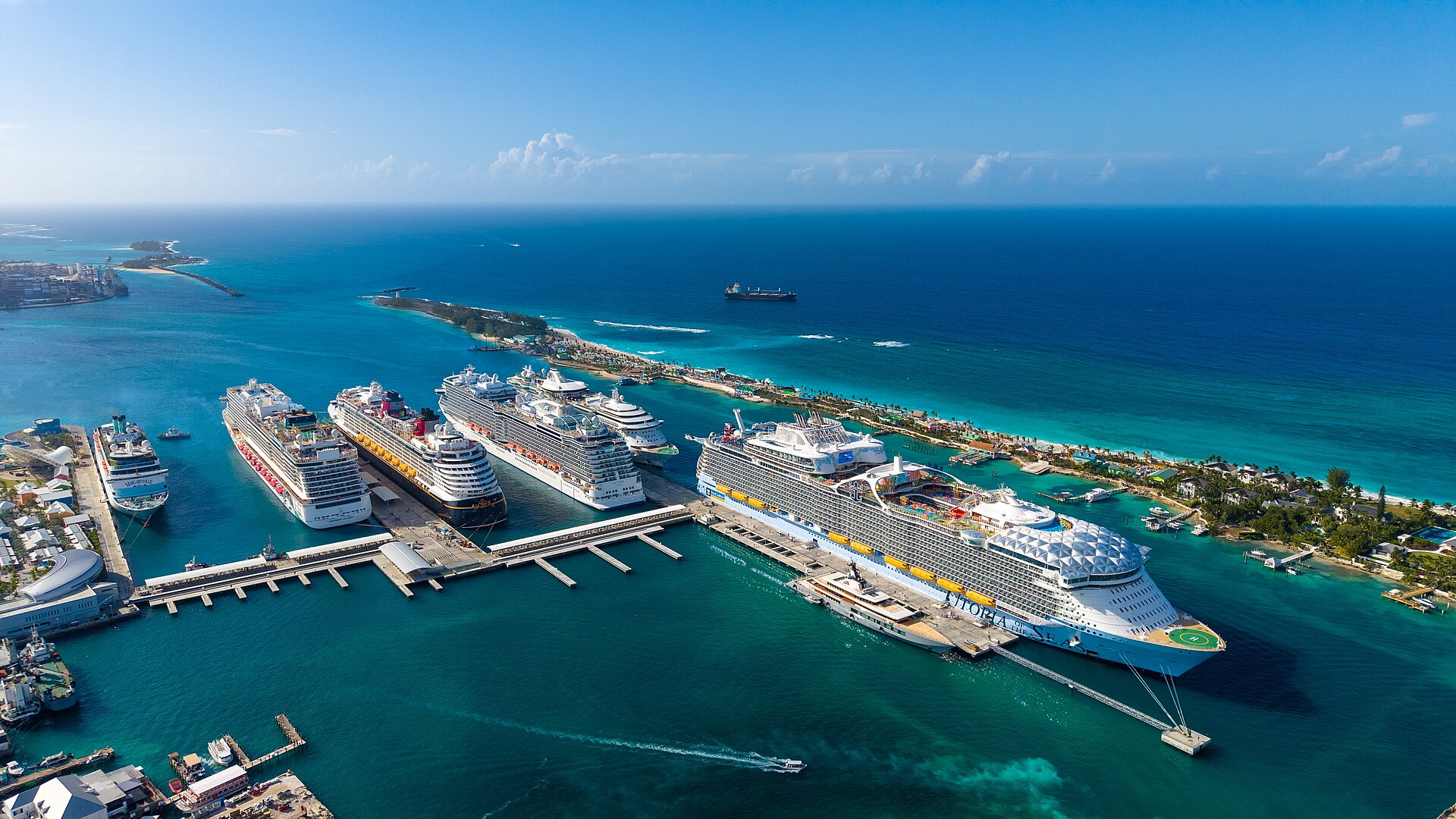 Cruise ship docked at Nassau port with Bahamas tourism boom in 2026