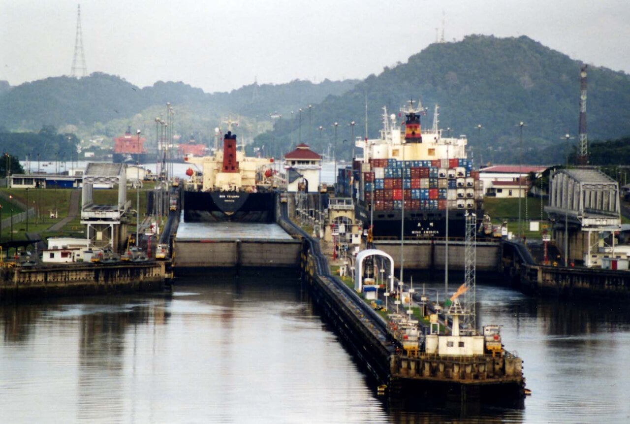 A container ship in the Miraflores Locks, where Panama Canal transits will be capped from September