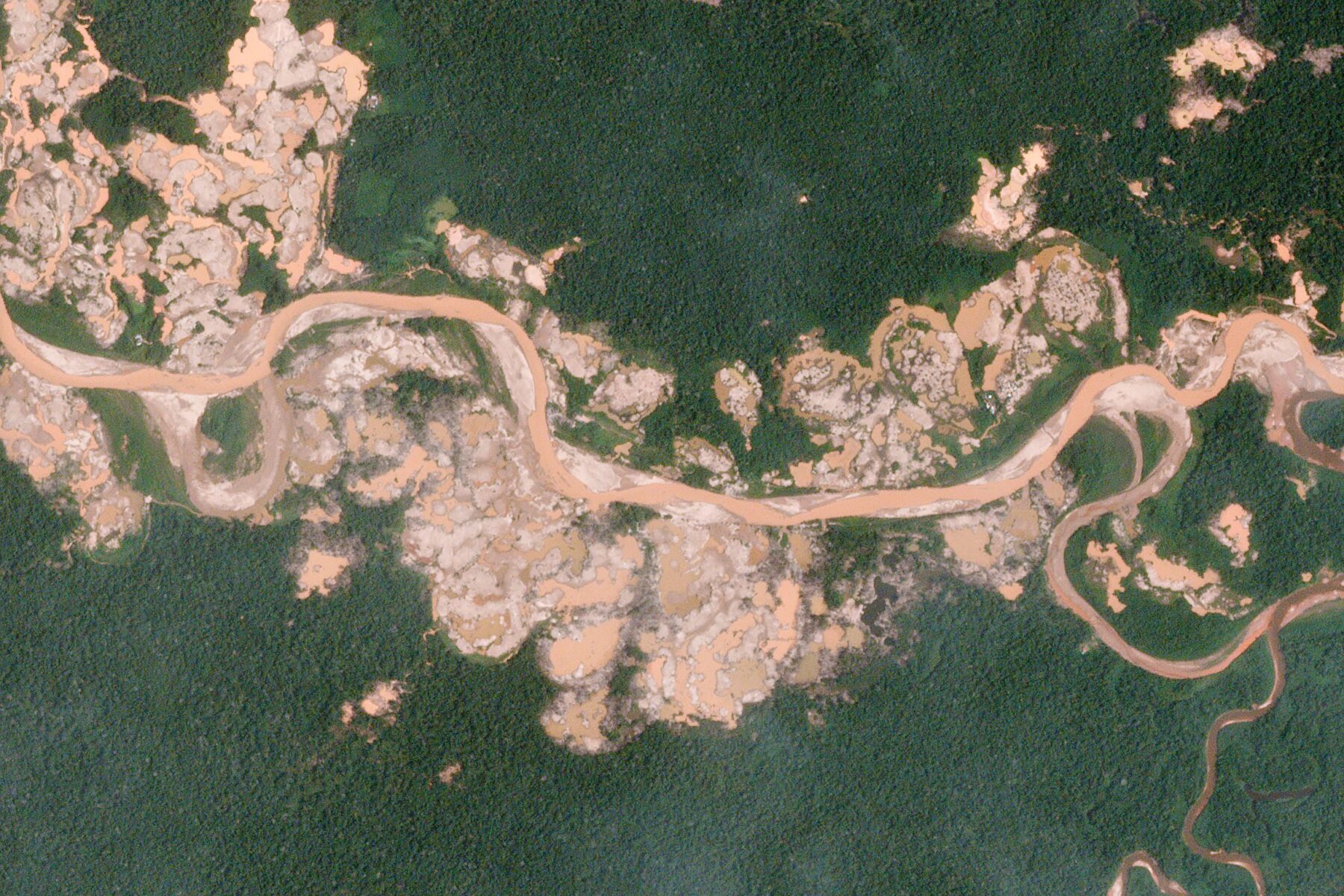 Satellite view of illegal gold mining scars along a river in Peru