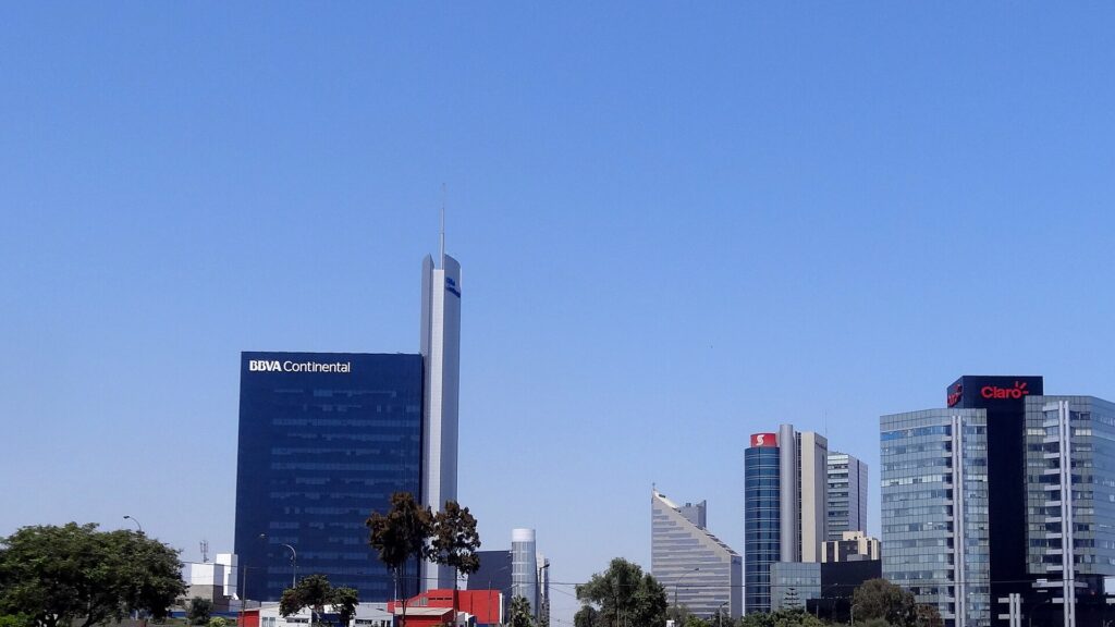 The San Isidro financial district skyline in Lima, Peru