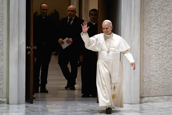 Pope Leo XIV waves as he enters the Paul VI Hall at the Vatican