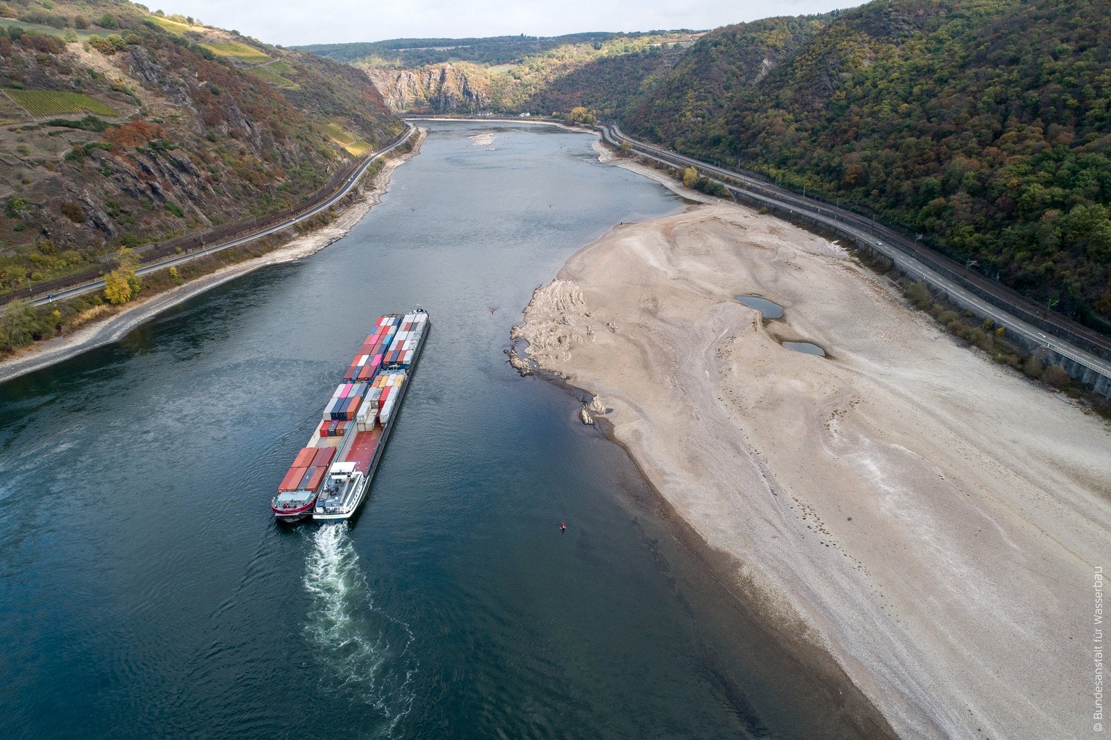 Low water on the Rhine affecting barge traffic, illustrating the Europe Intelligence Brief for August 10, 2026
