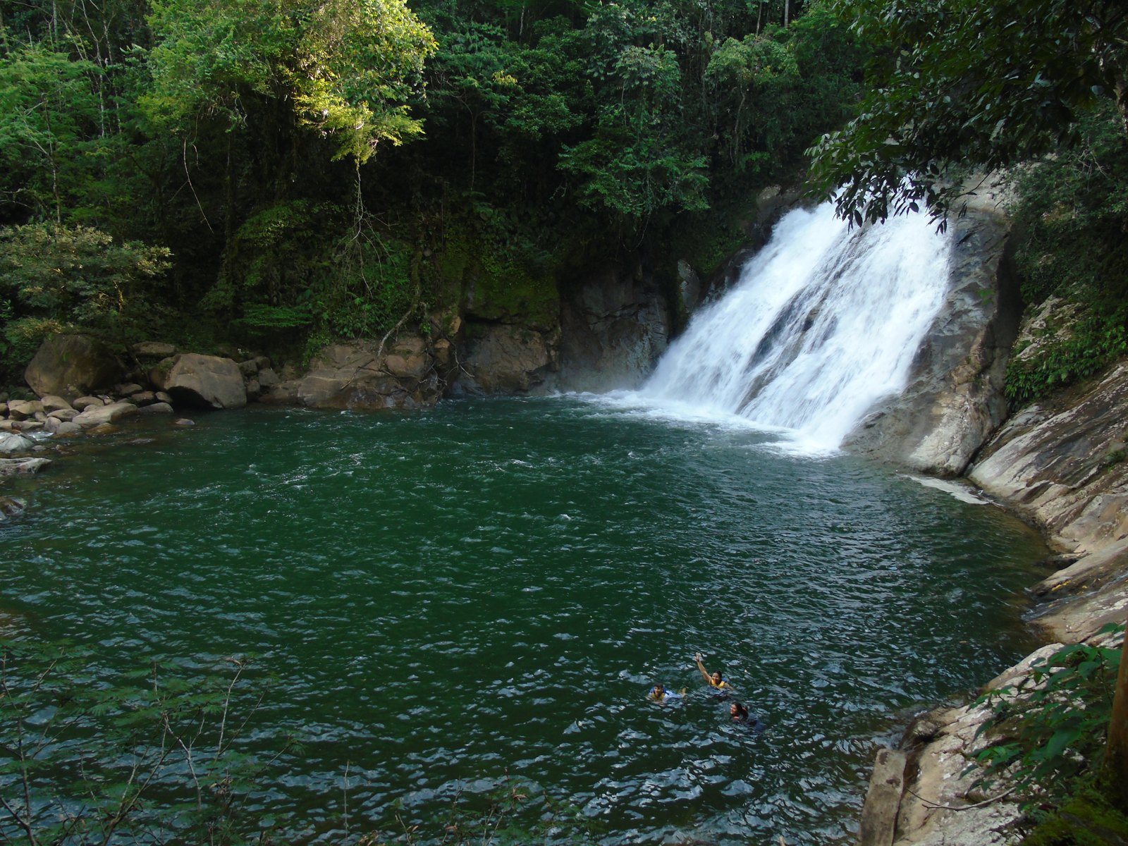 A waterfall feeding an emerald pool in Colombia.