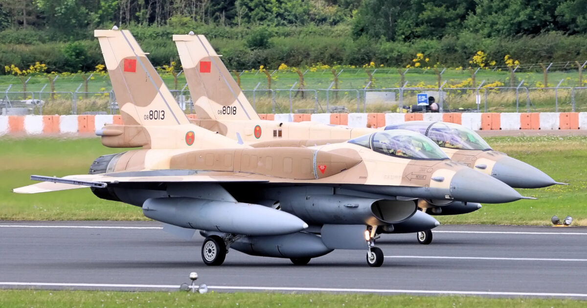 Two Royal Moroccan Air Force F-16 fighter jets on a runway