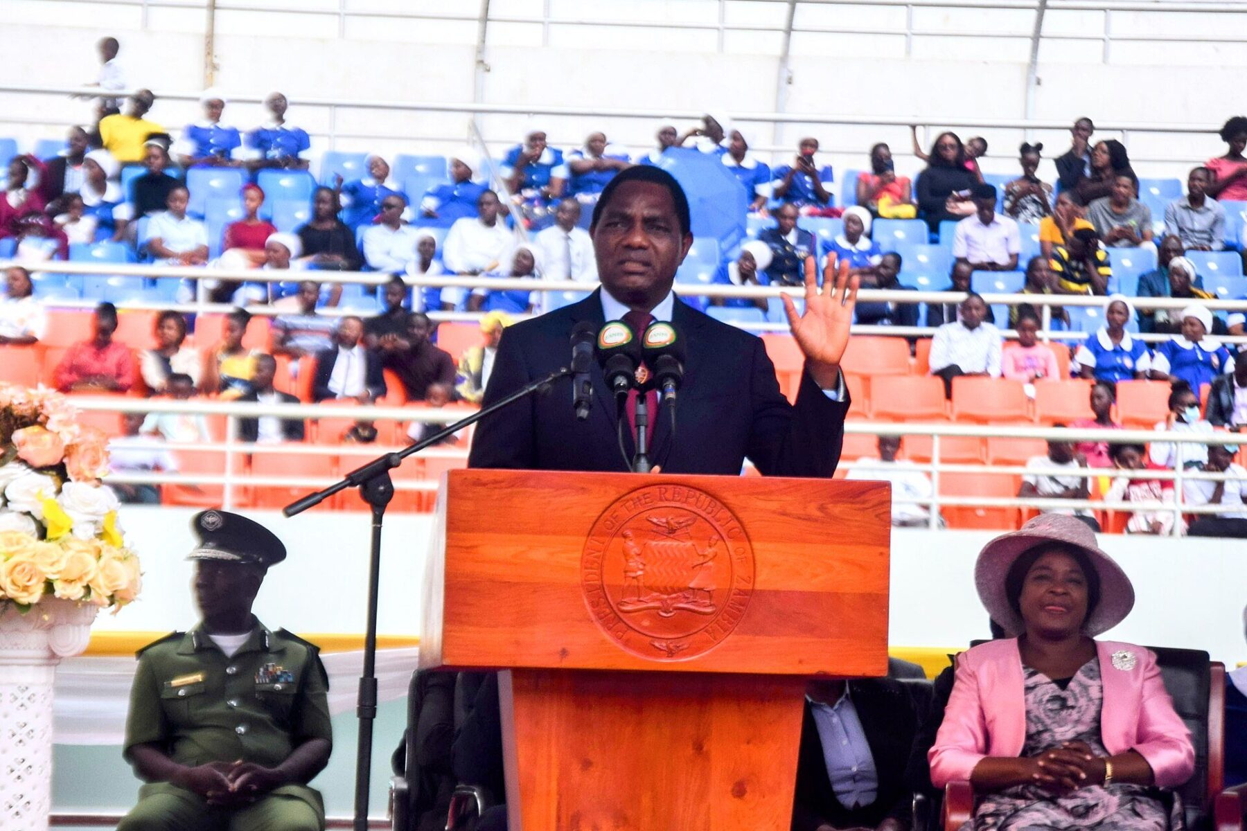 Zambia opposition arrests - President Hakainde Hichilema addresses a crowd in Zambia