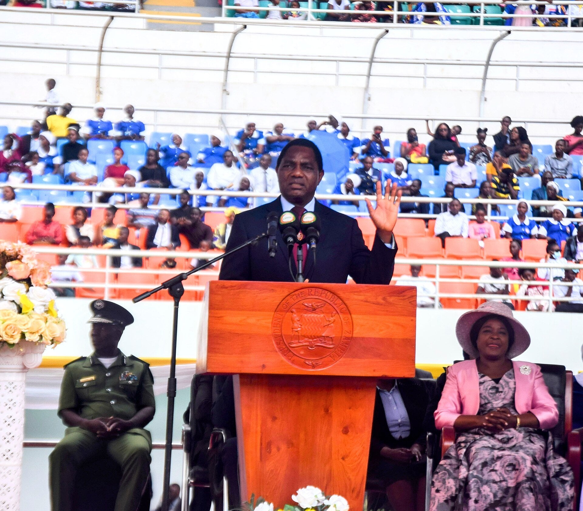 Zambia opposition arrests - President Hakainde Hichilema addresses a crowd in Zambia