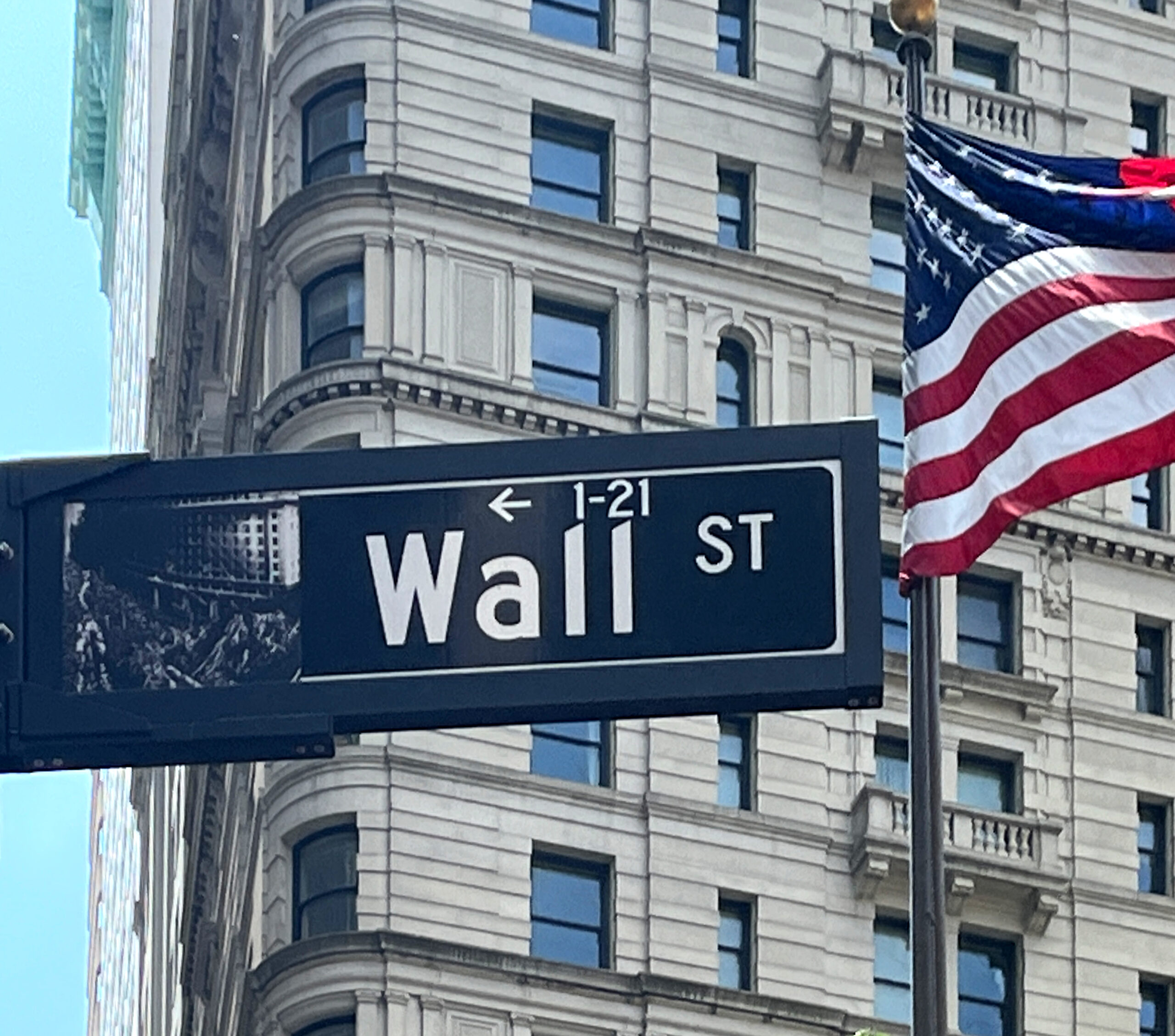 A Wall Street street sign with US flag