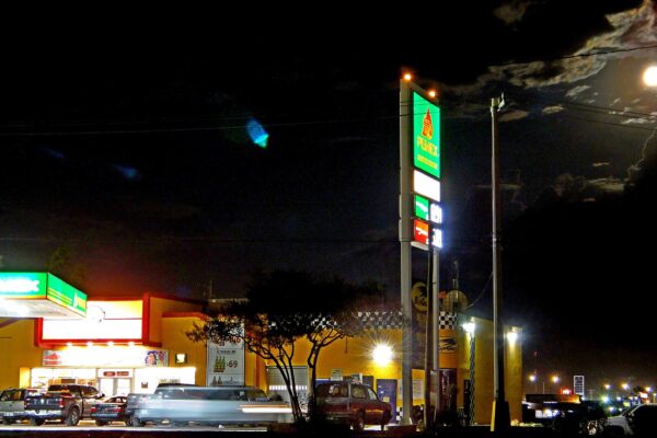 A Pemex station at night, where drivers feel the Mexico diesel subsidy at the pump