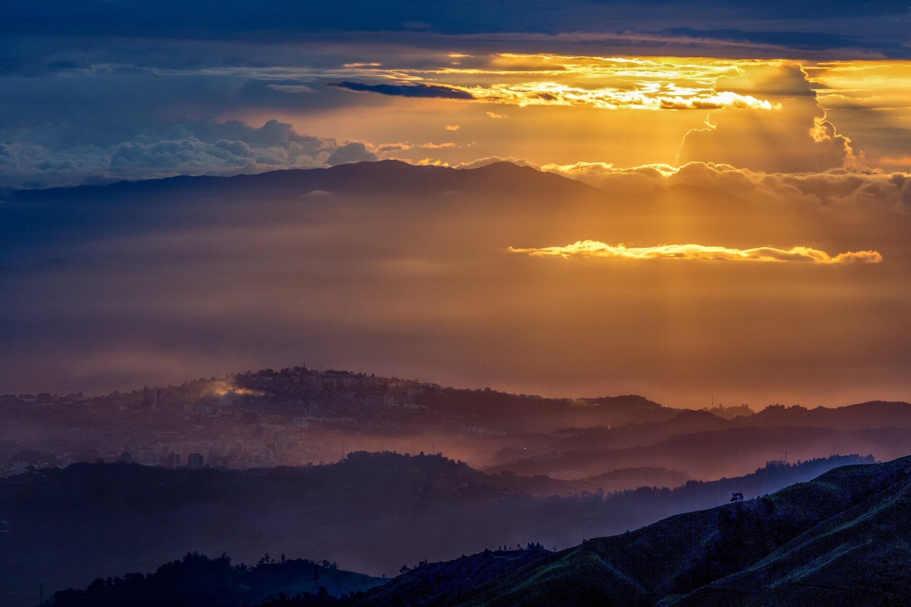 Colombia earthquake reconstruction - Manizales at sunset seen across Andean ridges