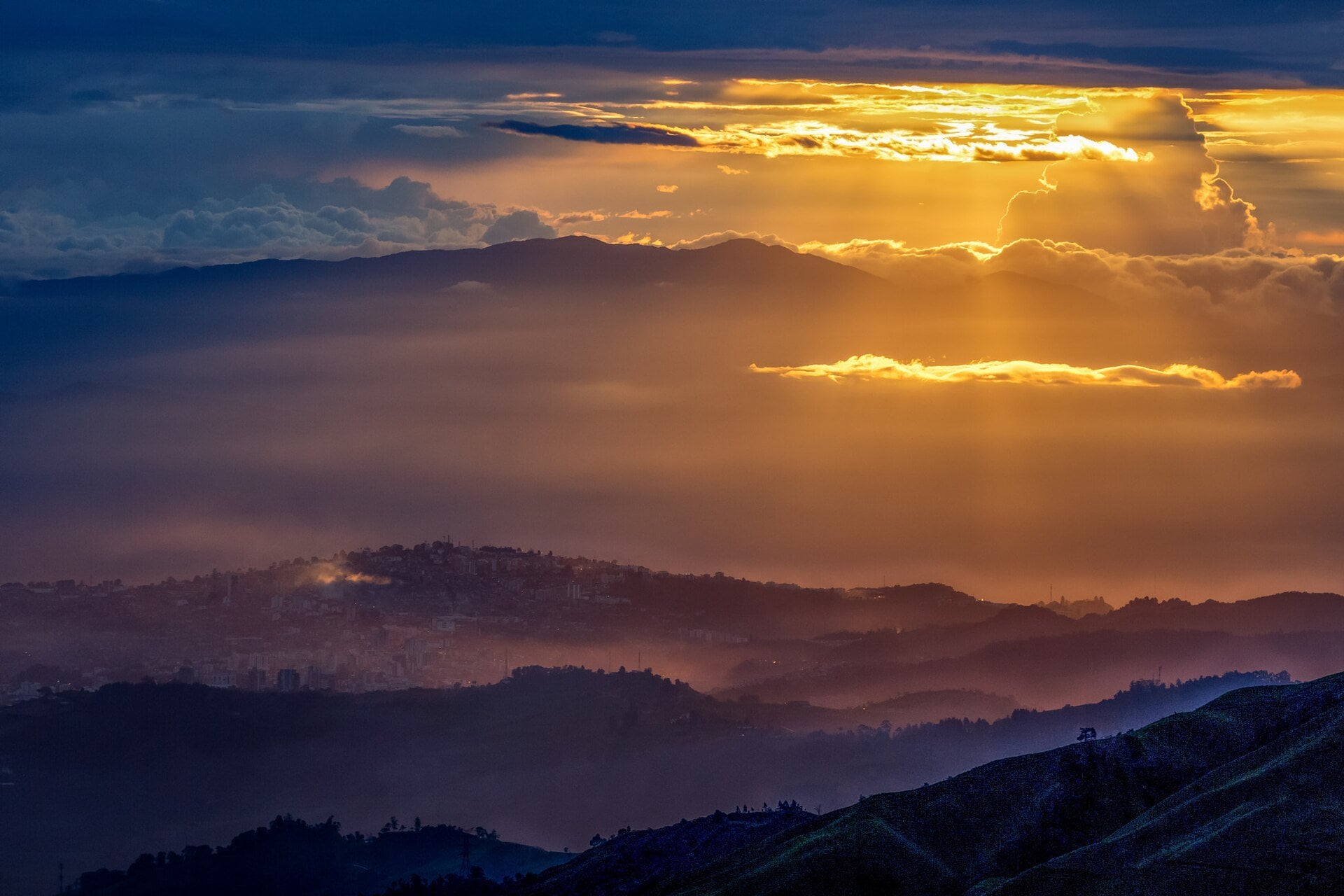 Colombia earthquake reconstruction - Manizales at sunset seen across Andean ridges