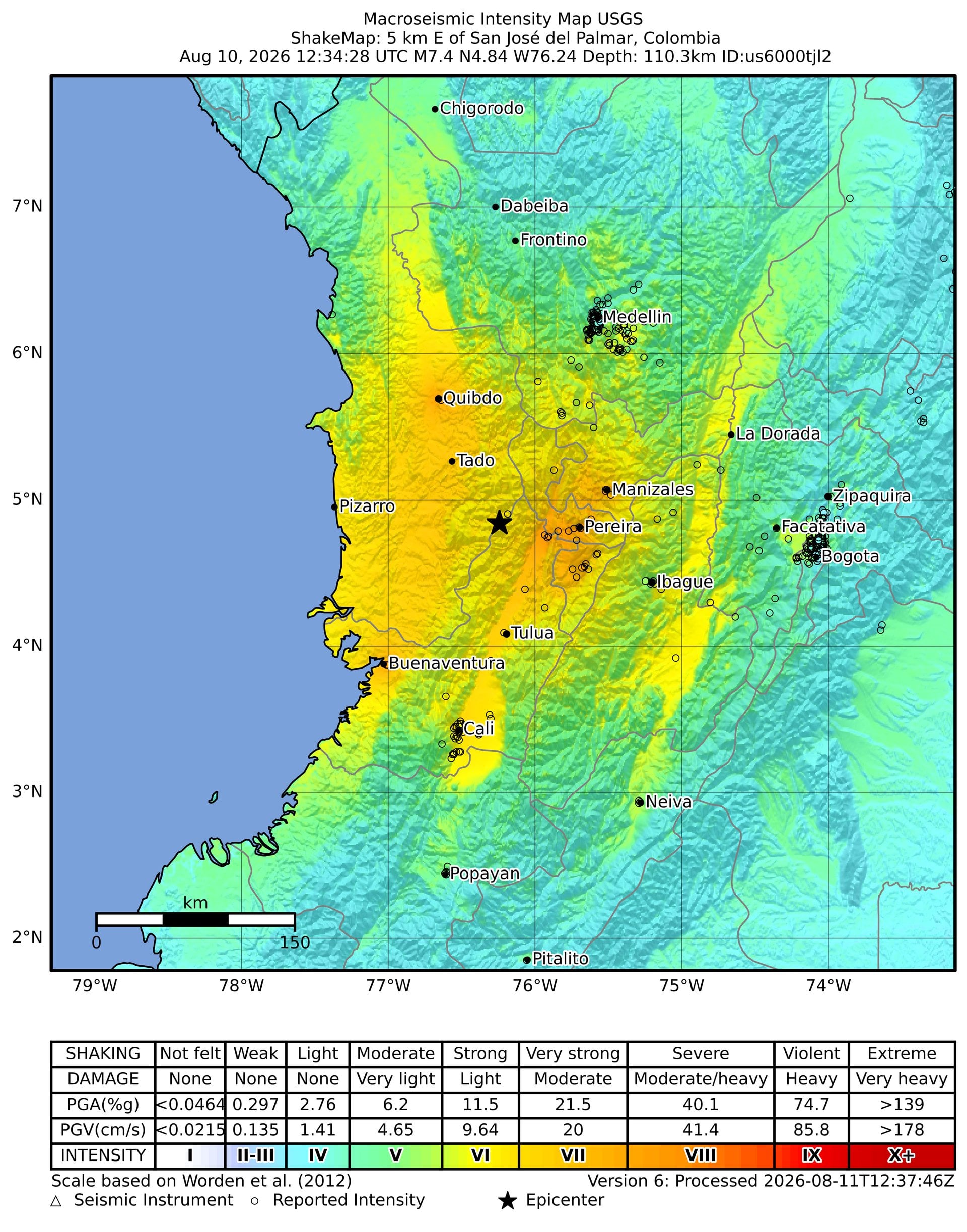Colombia earthquake - the USGS shaking intensity map for the 10 August quake