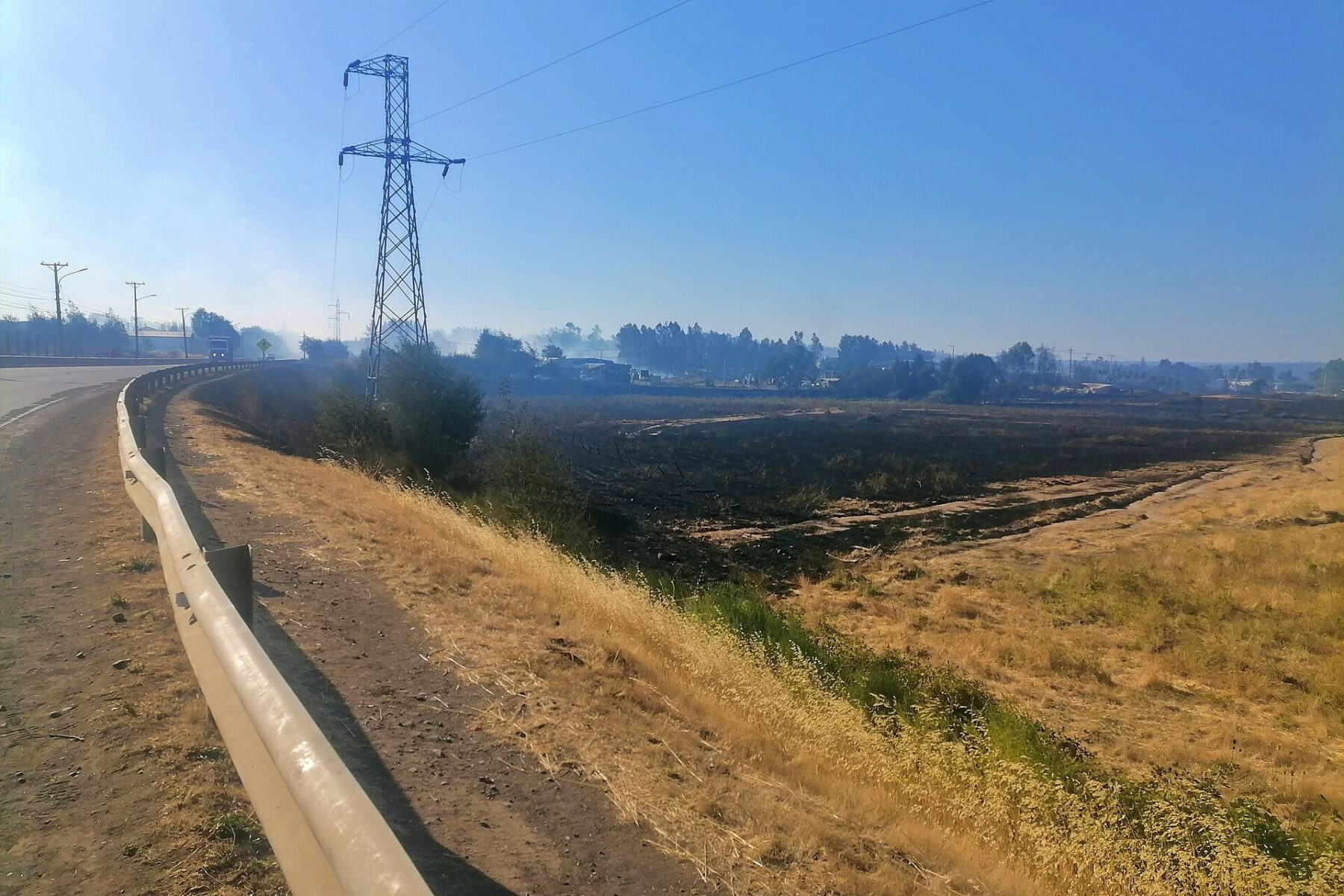 Tolima wildfires - scorched grassland and smoke beside a rural highway