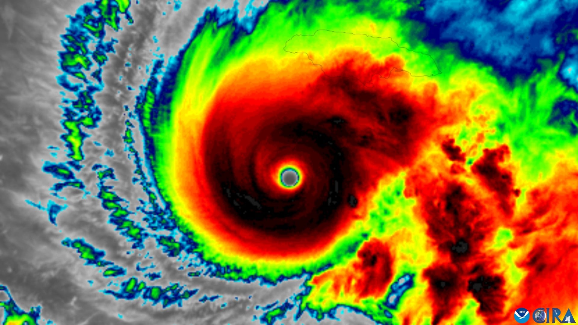 Hurricane Melissa claims - an infrared satellite view of the storm beside Jamaica