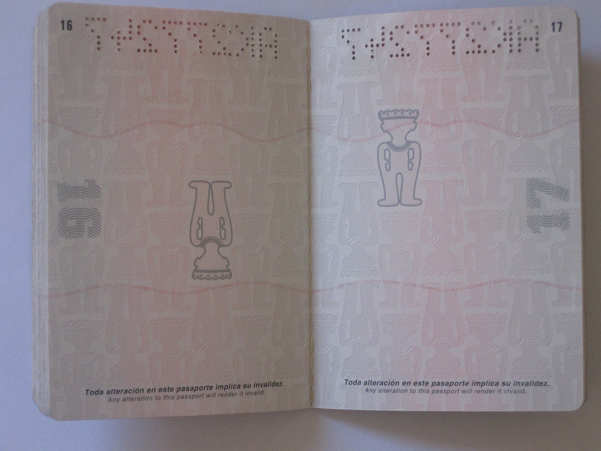 Interior pages of a Colombian passport, illustrating Migración Colombia's paused in-person service for foreigners in seven cities.