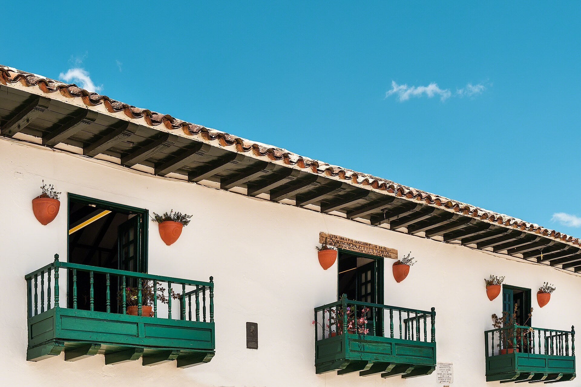 Villa de Leyva kite festival - colonial balconies above the vast cobblestone Plaza Mayor of Villa de Leyva, Boyaca, Colombia, where the festival is held