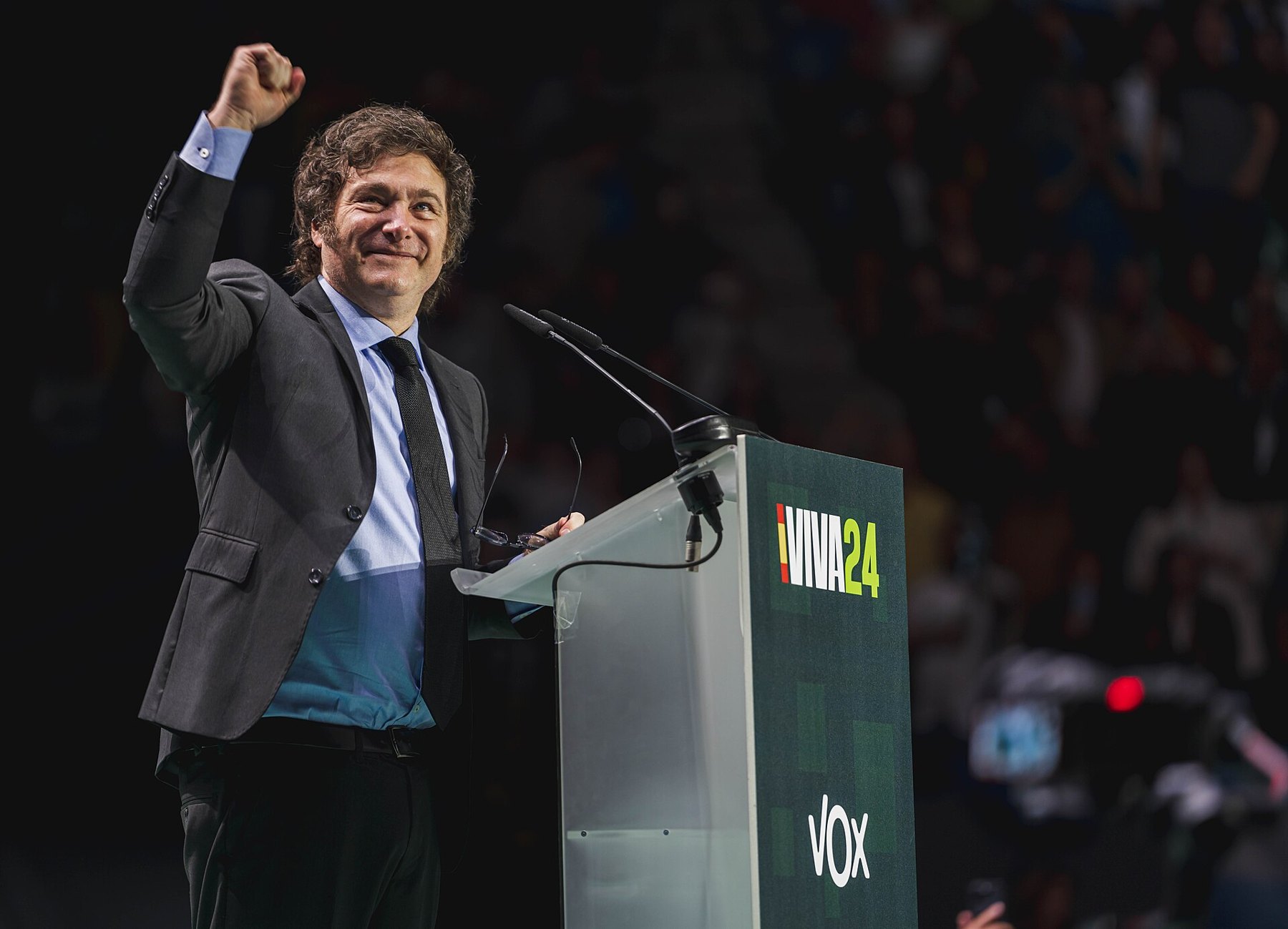 Milei re-election bid - Javier Milei speaking at a lectern