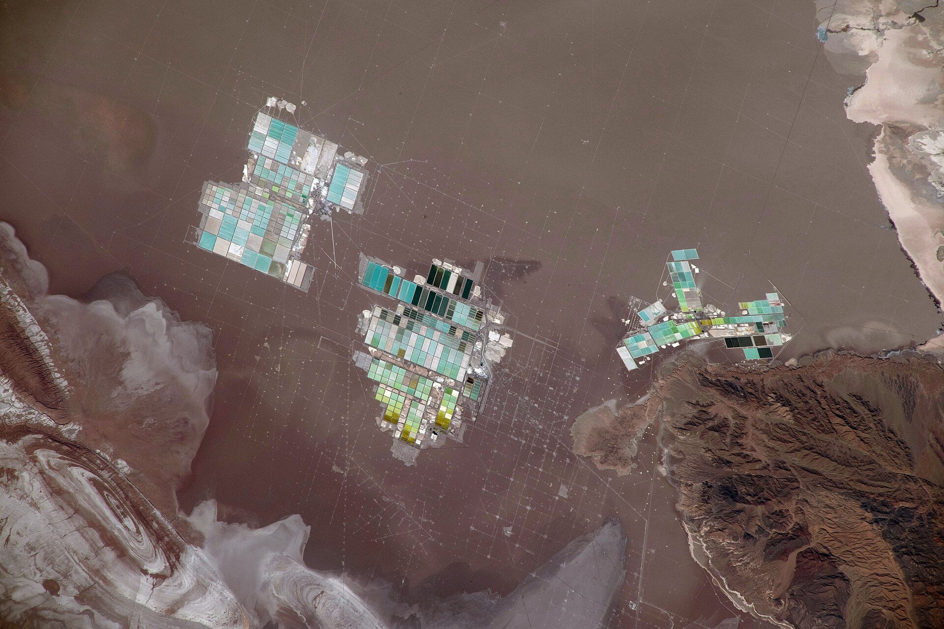 SQM - satellite view of lithium brine evaporation ponds on Chile's Salar de Atacama