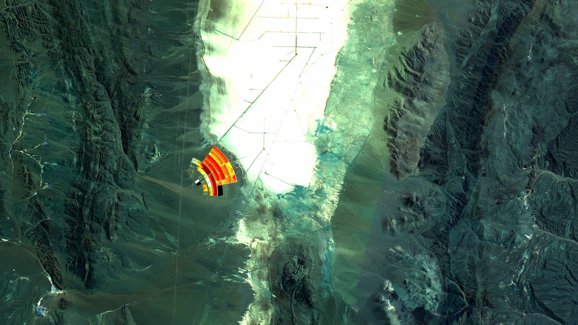 Lithium Argentina region: satellite view of lithium brine evaporation ponds on the Salar de Olaroz salt flat in Jujuy