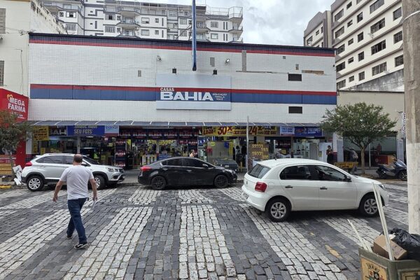 Casas Bahia - storefront of a Casas Bahia appliance shop on a cobbled street in Brazil