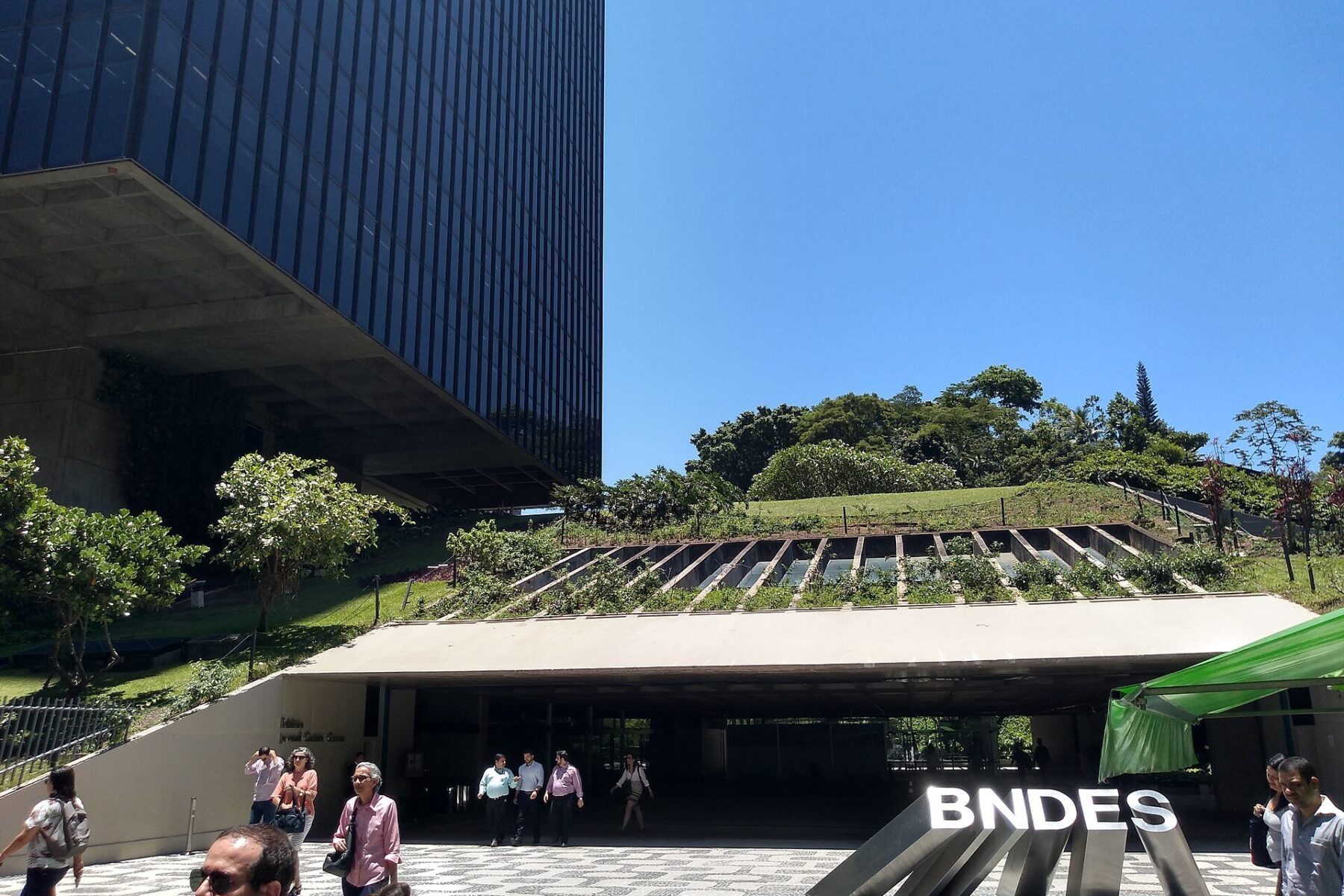 The BNDES headquarters building in Rio de Janeiro, with the bank's name displayed at the entrance