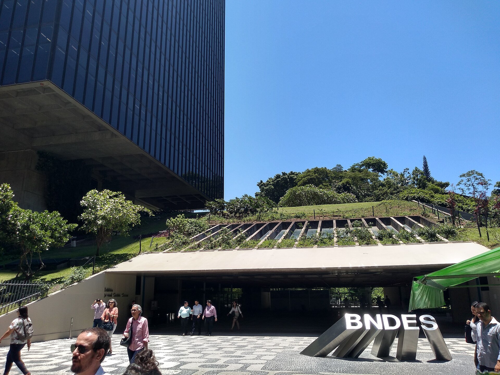 The BNDES headquarters building in Rio de Janeiro, with the bank's name displayed at the entrance