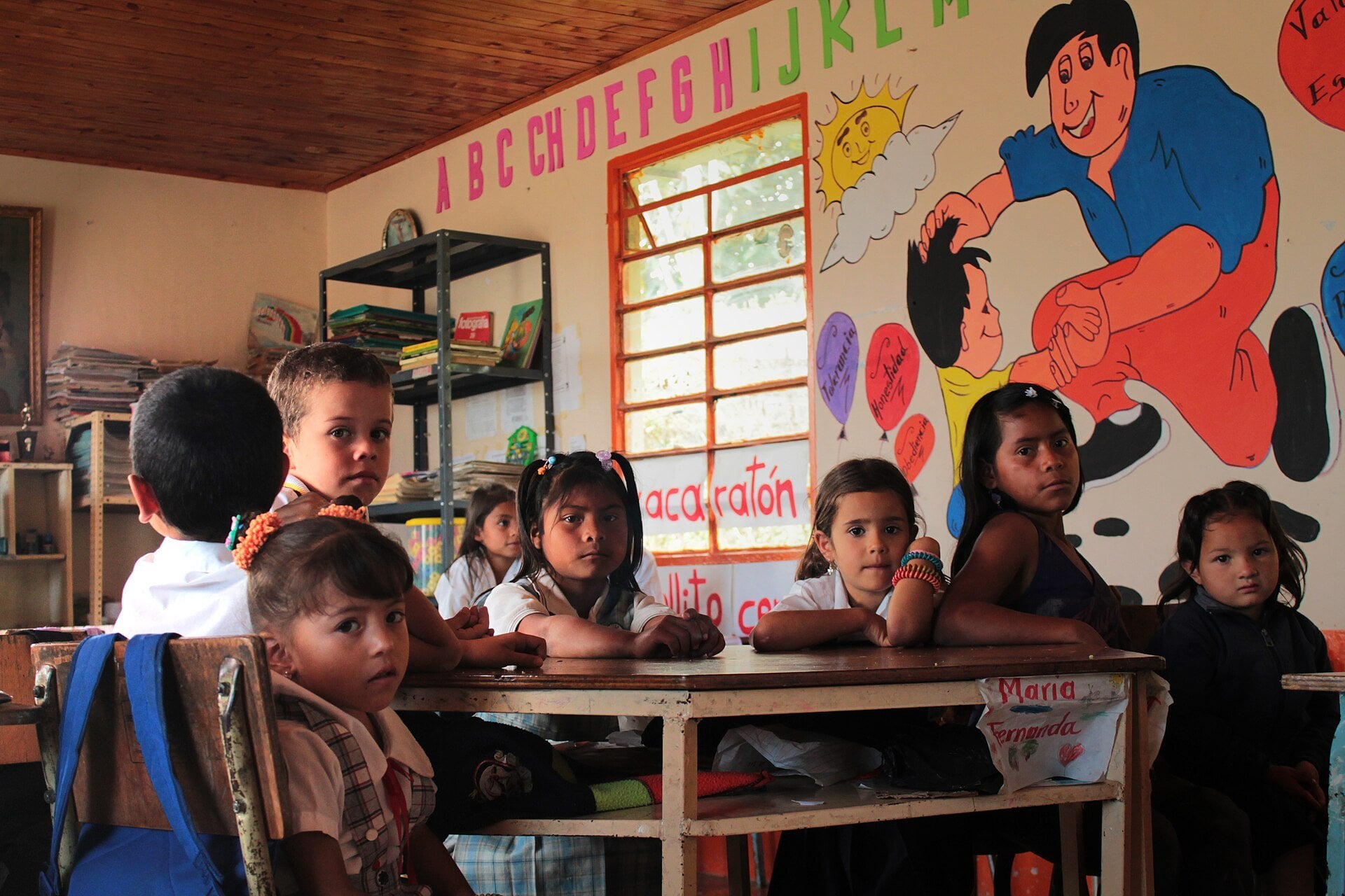 Colombia earthquake - children outside a rural school in Apía, Risaralda