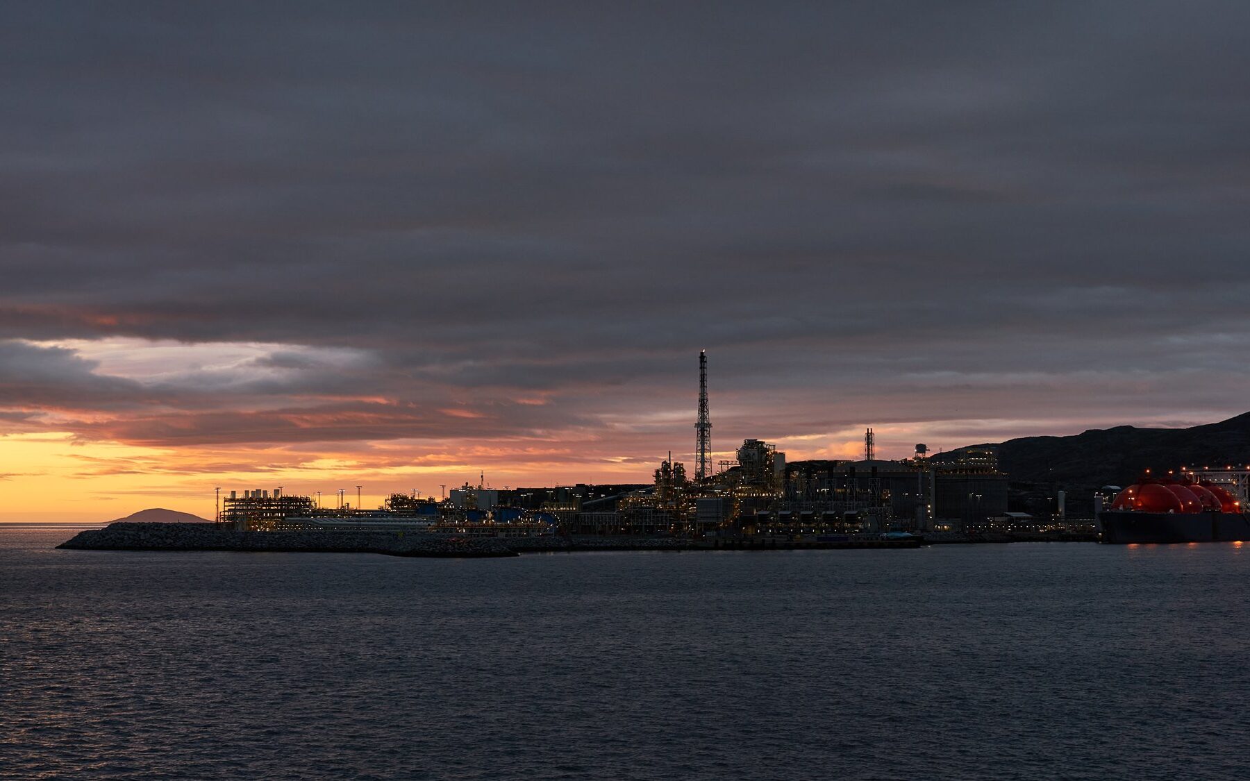 Argentina LNG — an offshore liquefied natural gas terminal at dusk