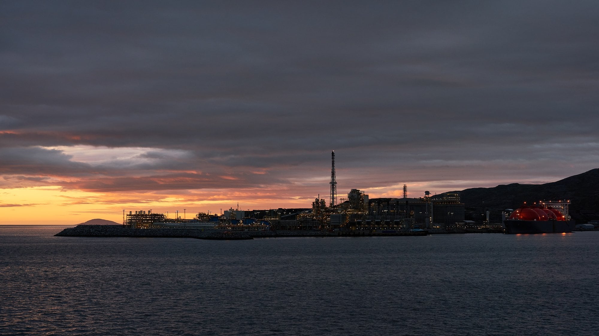 Argentina LNG — an offshore liquefied natural gas terminal at dusk