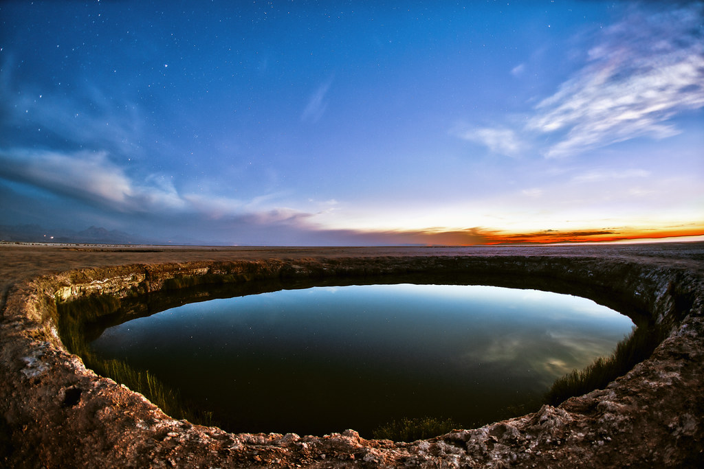 Brine pool on the Salar de Atacama at dusk in Chile lithium country